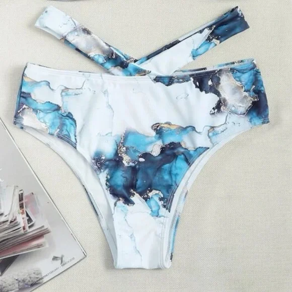 Boho Blue White Tie Dye Marble Print High Waisted Twisted Halter Bikini Set - Picture 4 of 12